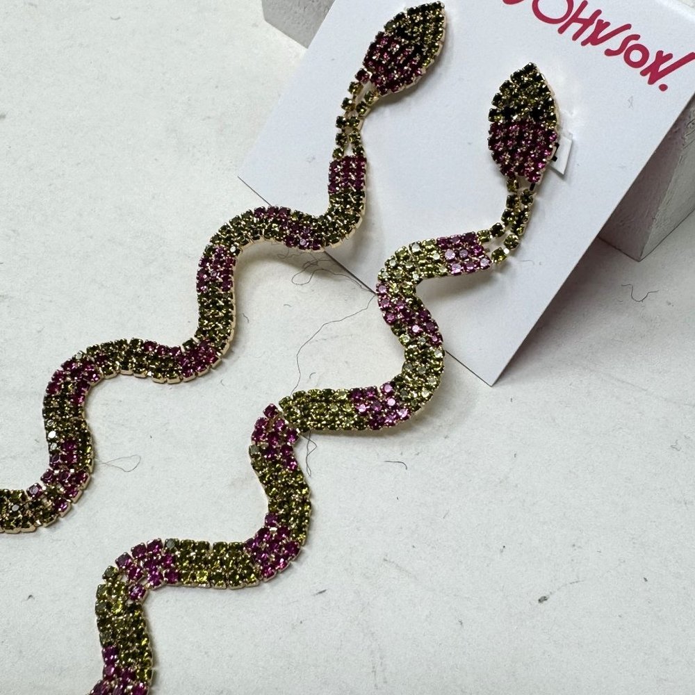 Betsey Johnson Slithering Rhinestone Long Snake Earrings Pink Pierced